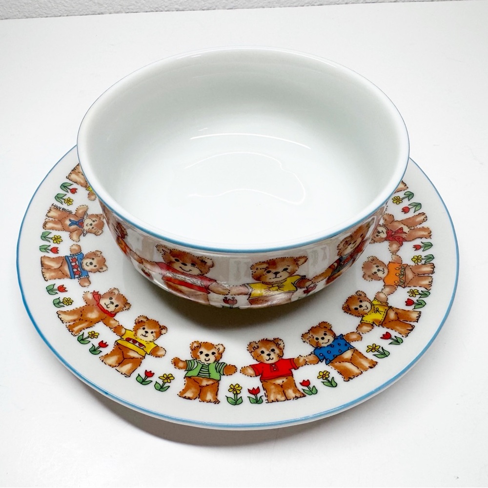 Vintage 70s 1979 Enesco Lucy Ring Teddy Bear Bowl and Plate
